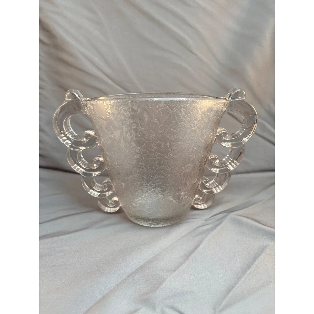 Vintage Clear Frosted Ice Crackle Glass Vase Scrolled Handles Art Deco 7in